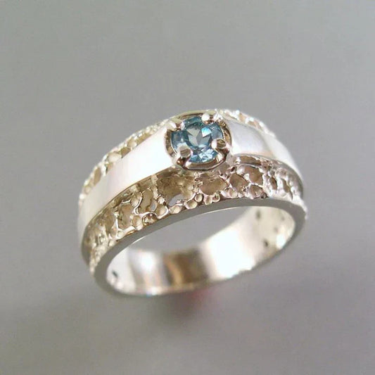 Vintage Hollow Gold & Silver Blue Glass Ring-Lydieannejewelry