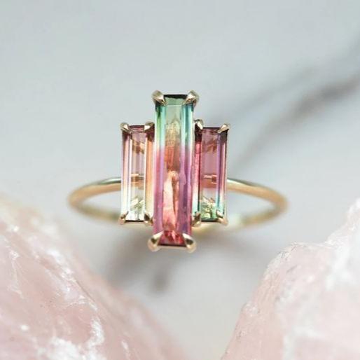 Vintage Green Red Zirconia Gold Ring-Lydieannejewelry