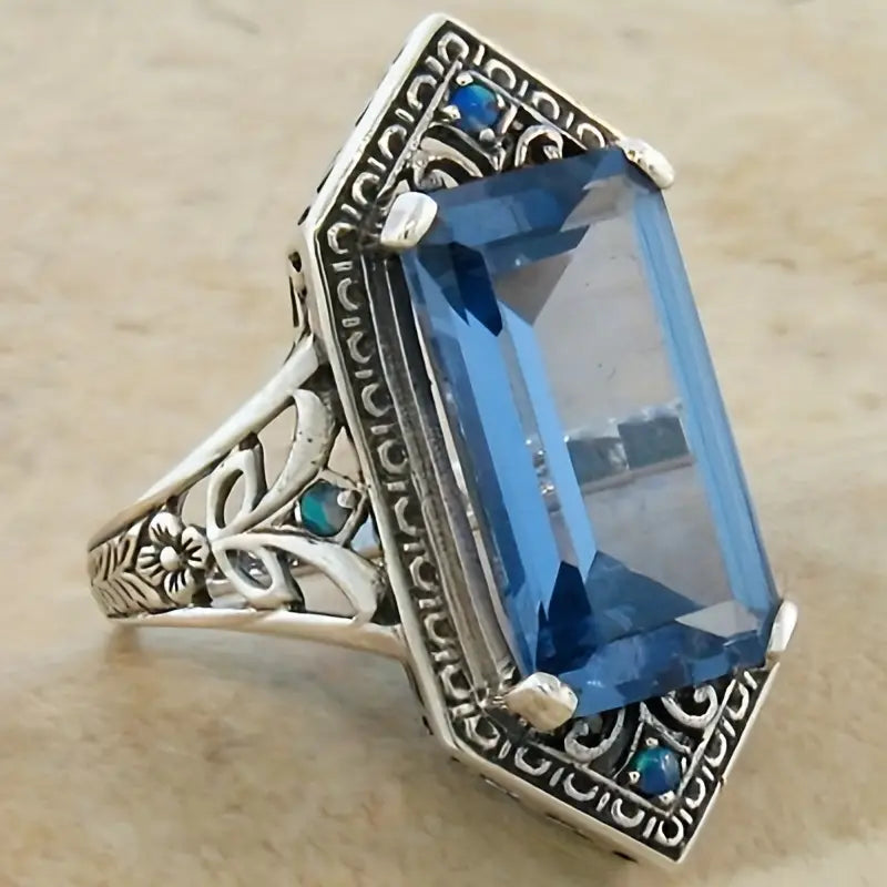 Vintage Blue Glass Silver Hollow Ring-Lydieannejewelry