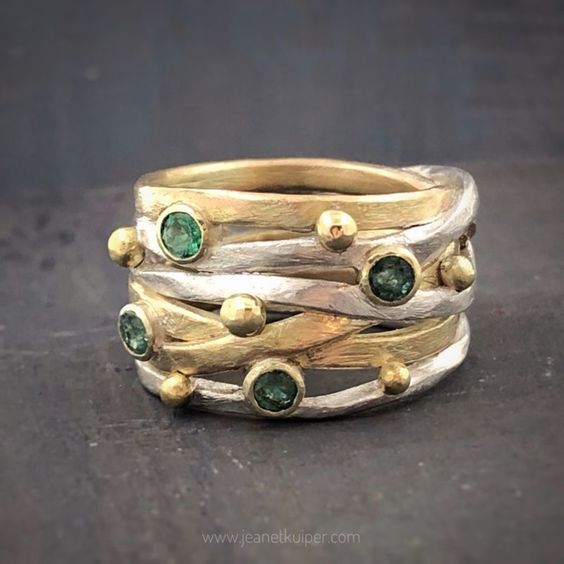 Vintage Layered Green Crystal Gold & Silver Ring-Lydieannejewelry