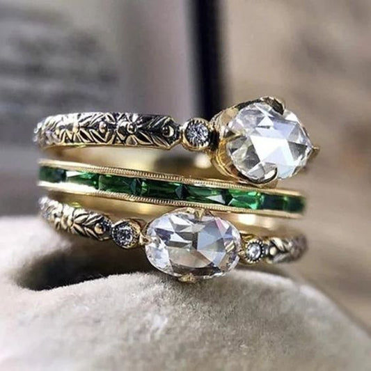 Vintage Layered Gold Green Zirconia Ring Set-Lydieannejewelry