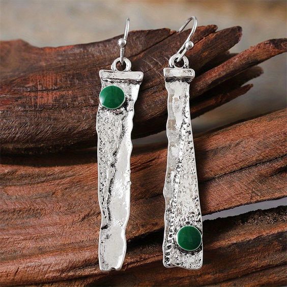 Vintage Rectangular Green Silver Earrings-Lydieannejewelry