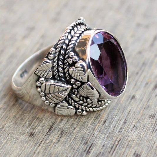 Vintage Inlaid Purple Glass Silver Ring-Lydieannejewelry