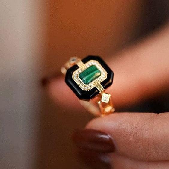 Vintage Fine Black & Green Golden Ring-Lydieannejewelry