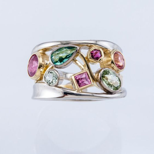 Vintage Colorful Glass Gold & Silver Ring-Lydieannejewelry