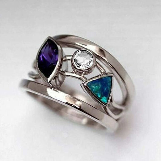Vintage Blue Crystals Silver Hollow Ring-Lydieannejewelry