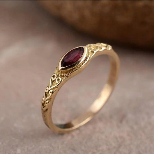 Golden Vintage Ring with Red Crystal-USA Jewellery