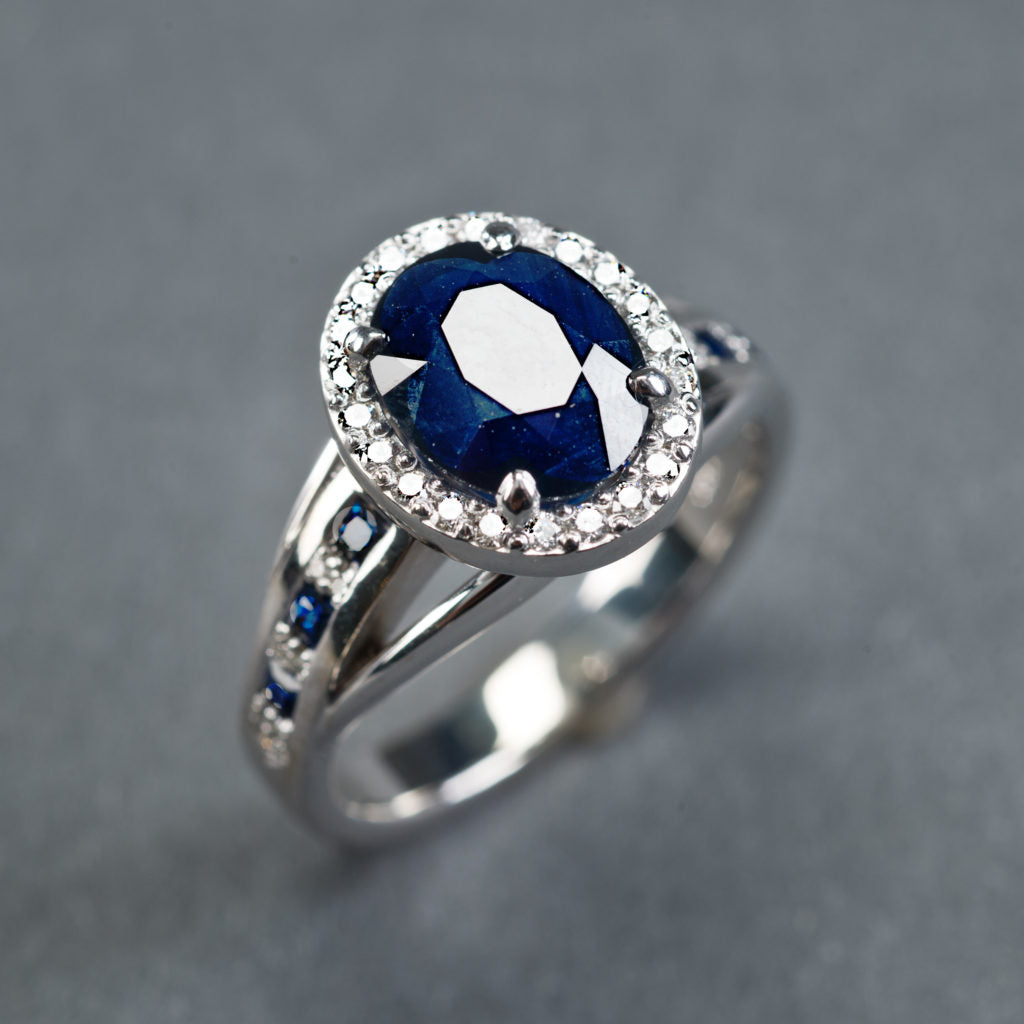 Vintage Blue Inlaid Rounded Zirconia Silver Ring-Lydieannejewelry