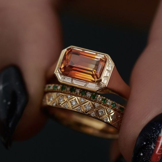 Vintage Orange Zirconia Golden Ring Set-Lydieannejewelry