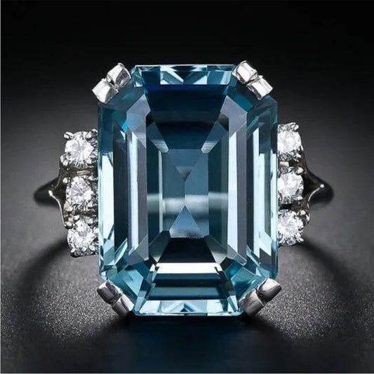 Vintage Blue Cubic Zirconia Silver Ring-Lydieannejewelry