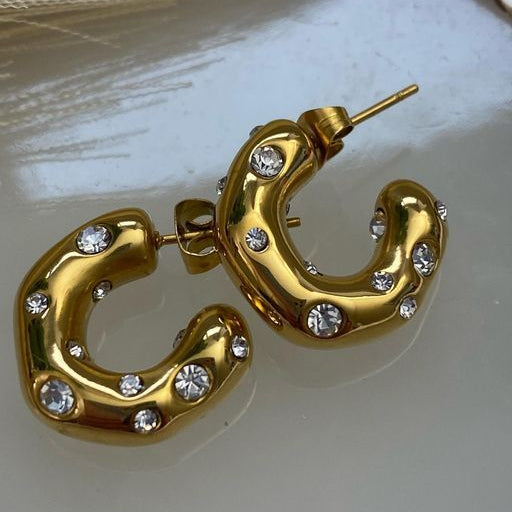 Vintage Gold Inlaid Crystals Earrings-Lydieannejewelry