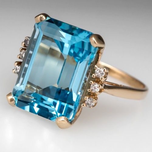 Vintage Blue Ocean Glass & Zirconia Gold Ring-Lydieannejewelry