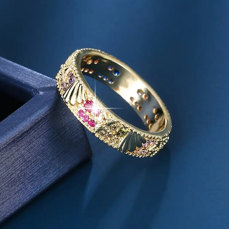 Vintage Gold Bright Red Zirconia Ocean Ring-Lydieannejewelry