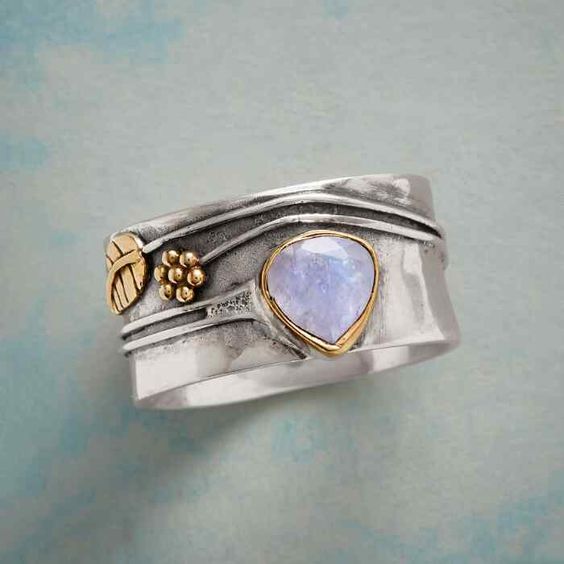 Vintage Moonstone Silver Gold Leaf Ring-Lydieannejewelry