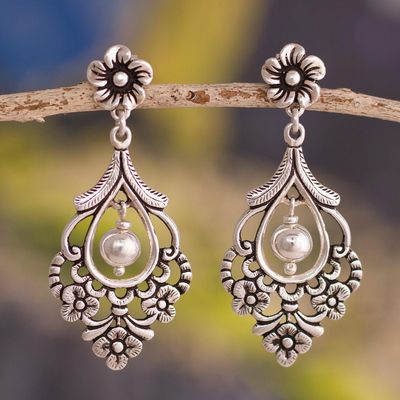 Vintage Dangling Flower Pearl Earrings-Lydieannejewelry