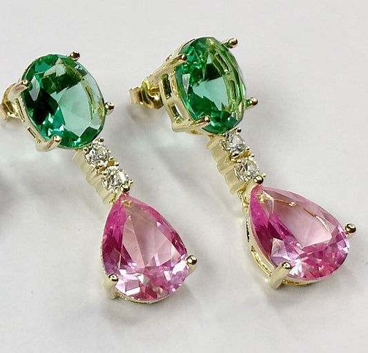 Vintage Pink Drop Green Zirconia Earrings-Lydieannejewelry