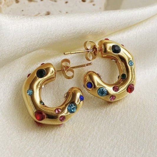 Vintage Gold Colorful Inlaid Crystals Earrings-Lydieannejewelry