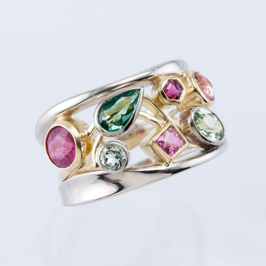 Vintage Colorful Stones Silver & Gold Ring-Lydieannejewelry