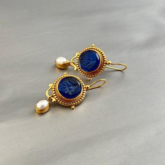 Vintage Blue Pearl Gold Earrings-Lydieannejewelry