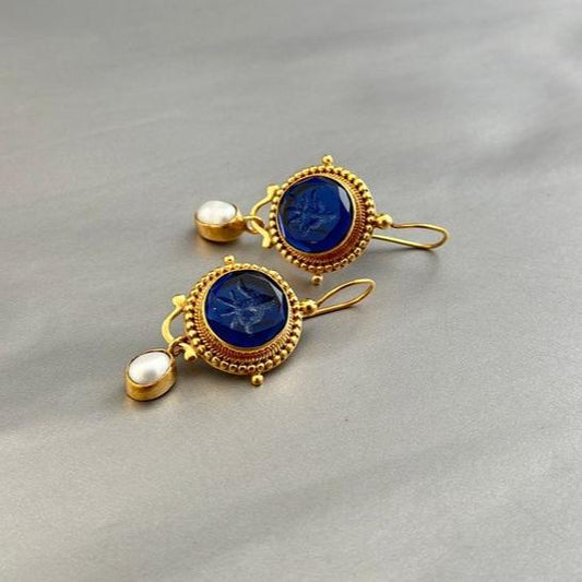 Vintage Blue Pearl Gold Earrings-Lydieannejewelry