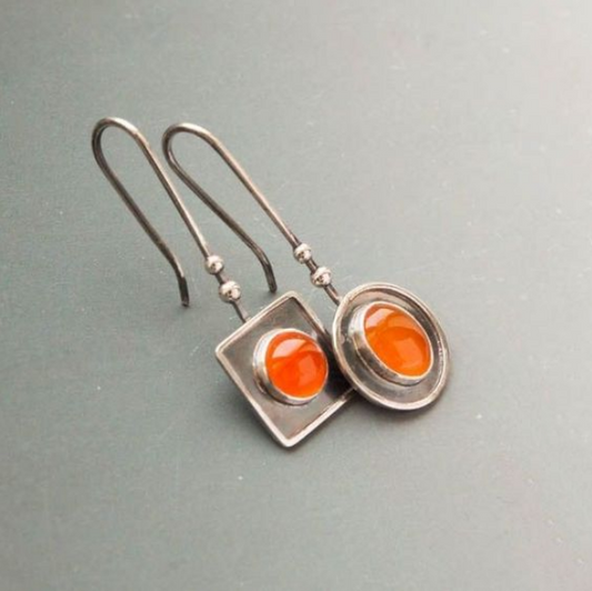 Vintage Orange Stones Silver Dangling Earrings-Lydieannejewelry
