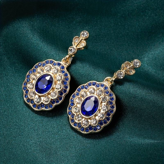 Blue Crystal Mandala Earrings on Vintage Gold-Lydieannejewelry