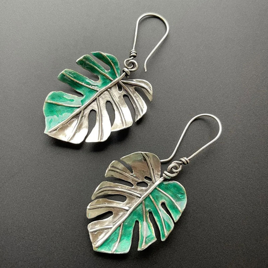 Vintage Green & Silver Leaf Earrings-Lydieannejewelry
