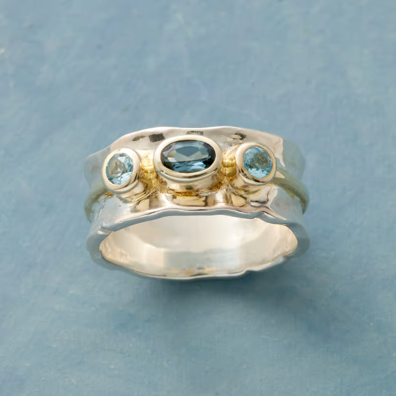 Vintage Blue Inlaid Stones Golden & Silver Ring-Lydieannejewelry