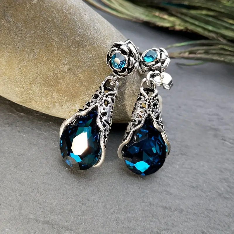 Vintage Blue Crystal Drop Silver Earrings-Lydieannejewelry