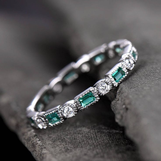 Vintage Inlaid Green Zirconia Silver Ring-Lydieannejewelry