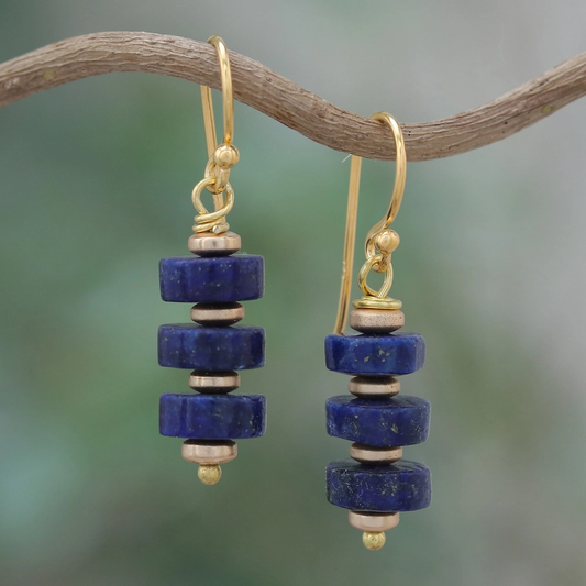 Vintage Blue Dangling Stones Gold Earrings-Lydieannejewelry