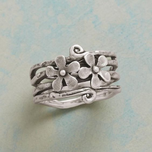 Vintage Flower Silver Layered Ring-Lydieannejewelry