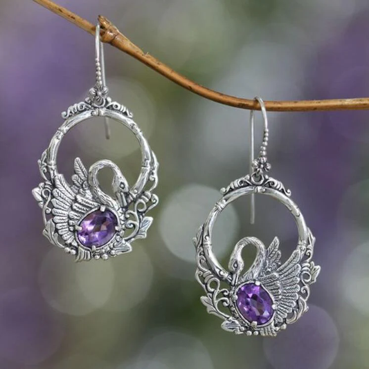 Vintage Silver Swan Purple Crystal Earrings-Lydieannejewelry