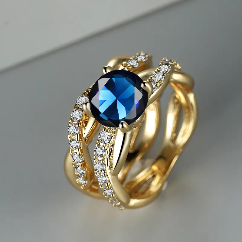Vintage Layered Blue Zirconia Golden Ring-Lydieannejewelry