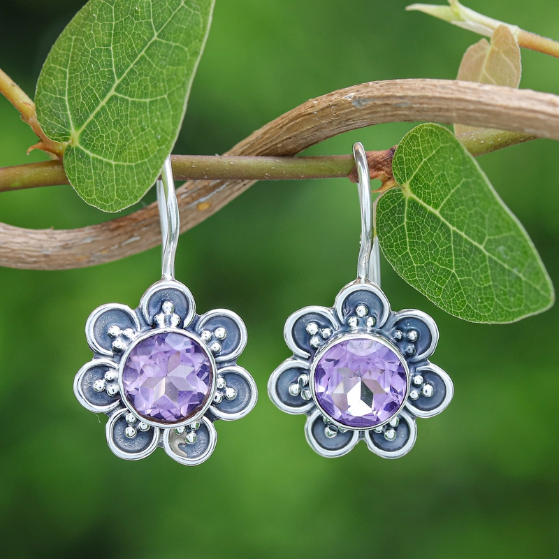 Vintage Purple Crystal Flower Earrings-Lydieannejewelry