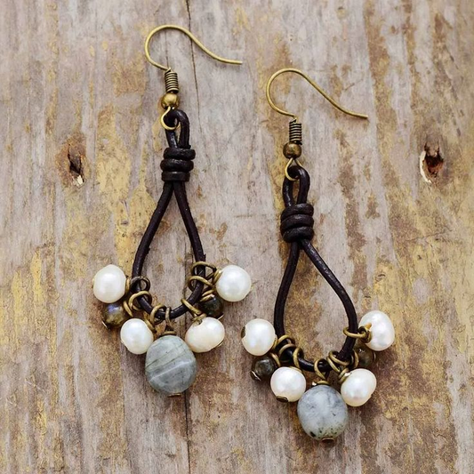 Vintage Dangling Leather & Stones Earrings-Lydieannejewelry