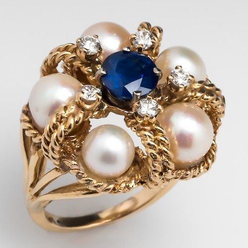 Vintage Blue Zirconia & Pearl Ring-Lydieannejewelry