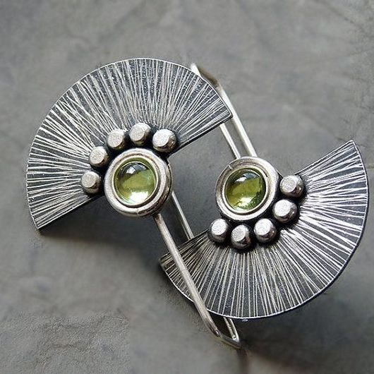 Vintage Crescent Green Crystal Silver Earrings-Lydieannejewelry