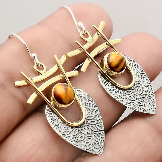 Vintage Orange Stone Gold & Silver Earrings-Lydieannejewelry