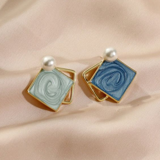 Vintage Square Enamel Blue Earrings-Lydieannejewelry