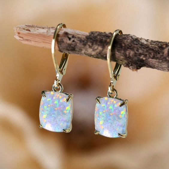 Vintage White Opal Square Earrings-Lydieannejewelry