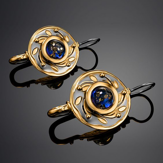 Vintage Rounded Blue Crystal Golden Earrings-Lydieannejewelry