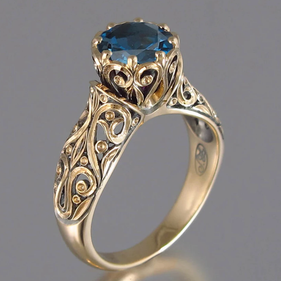 Vintage Blue Crystal Glden Hollow Ring-Lydieannejewelry