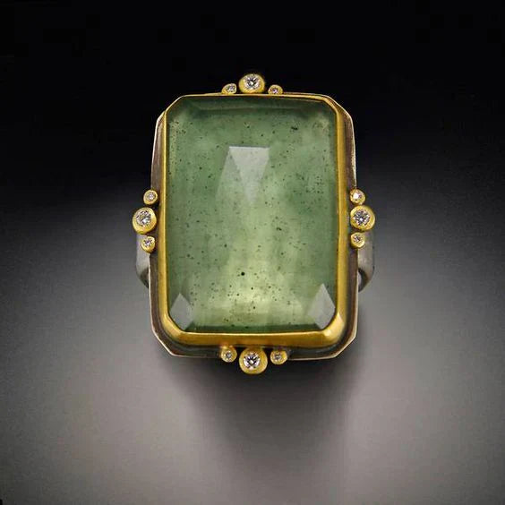 Vintage Green Glass Gold Ring-Lydieannejewelry