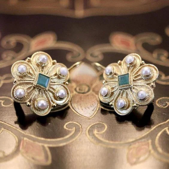 Vintage Crystal Flower Pearl Earrings-Lydieannejewelry