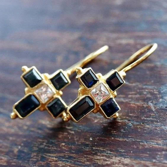 Vintage Black & Zirconia Golden Earrings-Lydieannejewelry