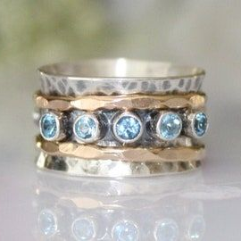 Vintage Blue Inlaid Glass Gold & Silver Ring-Lydieannejewelry