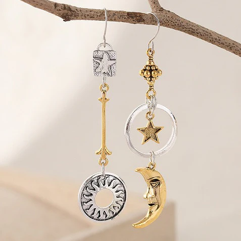 Vintage Moon Dangling Golden Silver Earrings-Lydieannejewelry