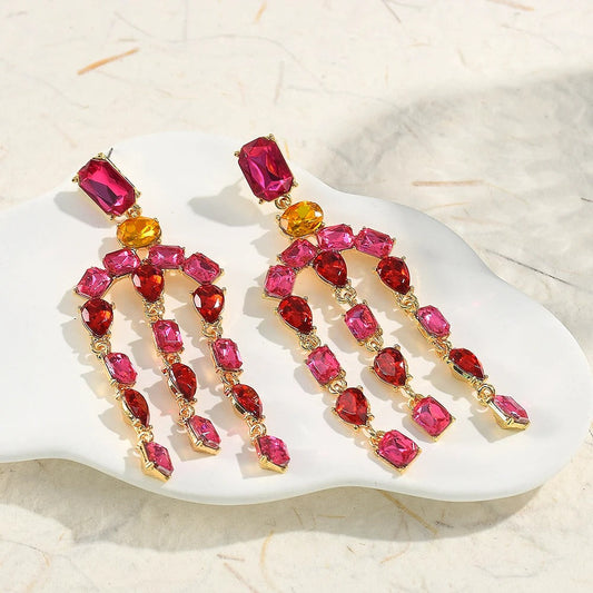 Vintage Red & Pink Crystal Gold Earrings-Lydieannejewelry