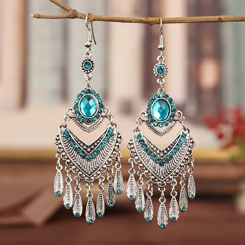 Vintage Silver & Aqua Blue Crystal Drop Earrings-Lydieannejewelry